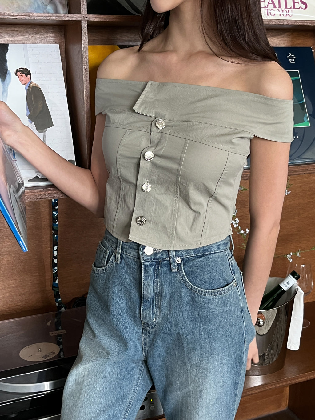 Off-shoulder Bustier Top - Charcoal [現貨]